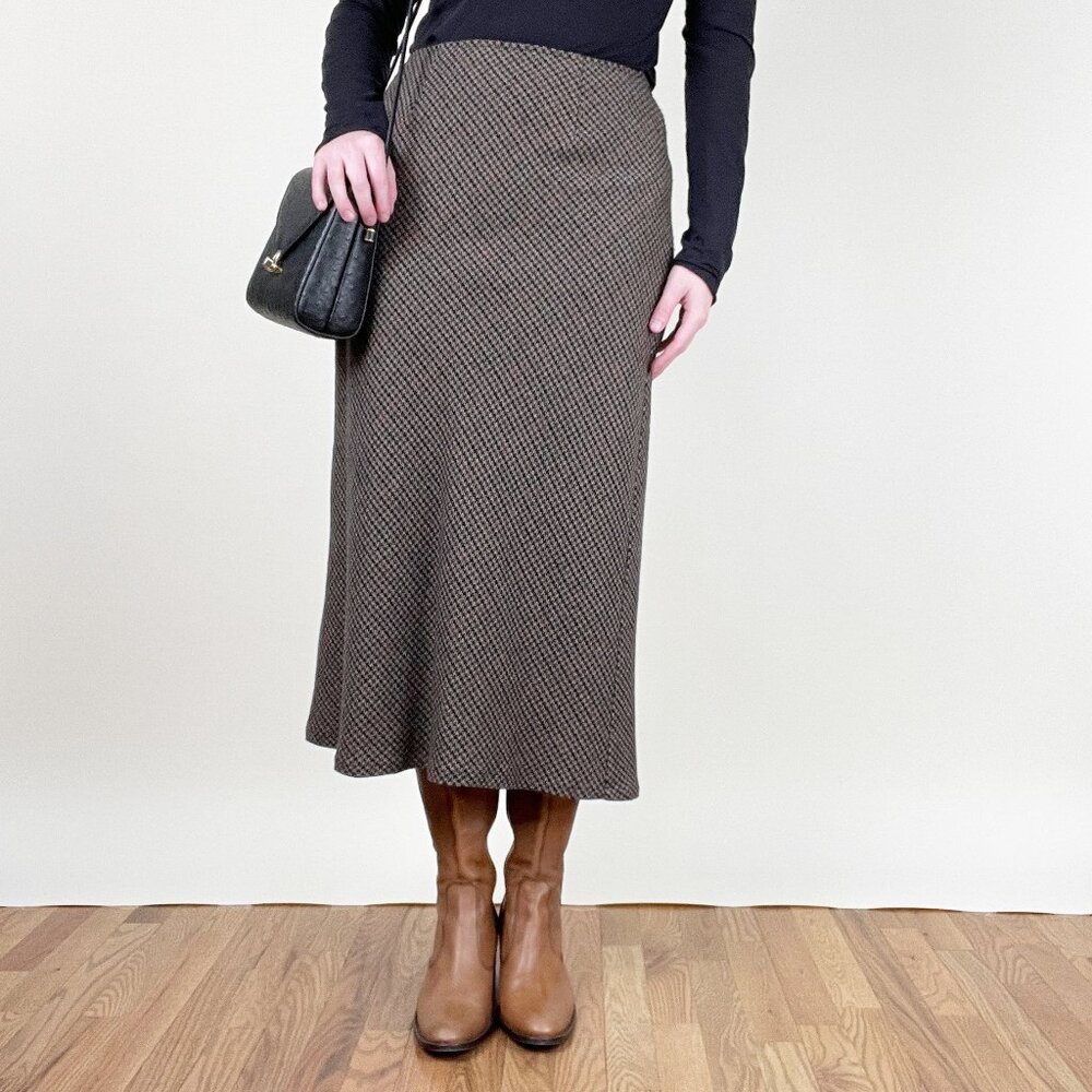 Vintage Taupe & Black Checked Midi Skirt